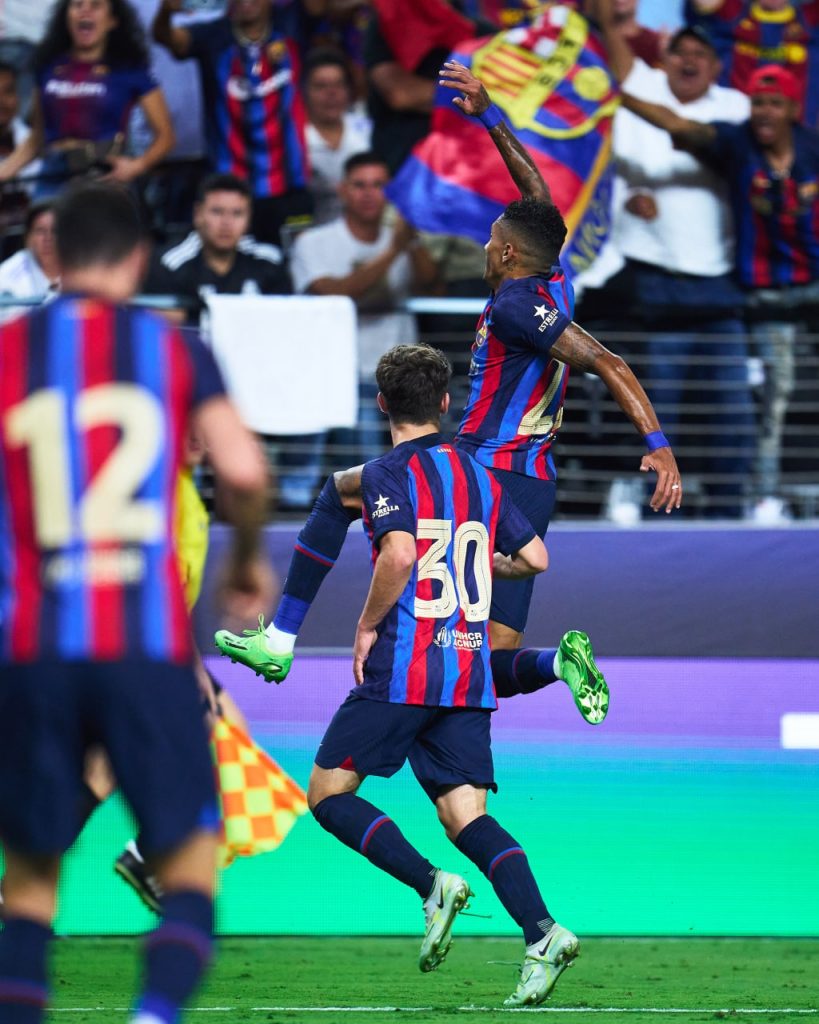 El jugador del FC Barcelona,Raphinha, celebrando el gol ante el Real Madrid en Las Vegas 