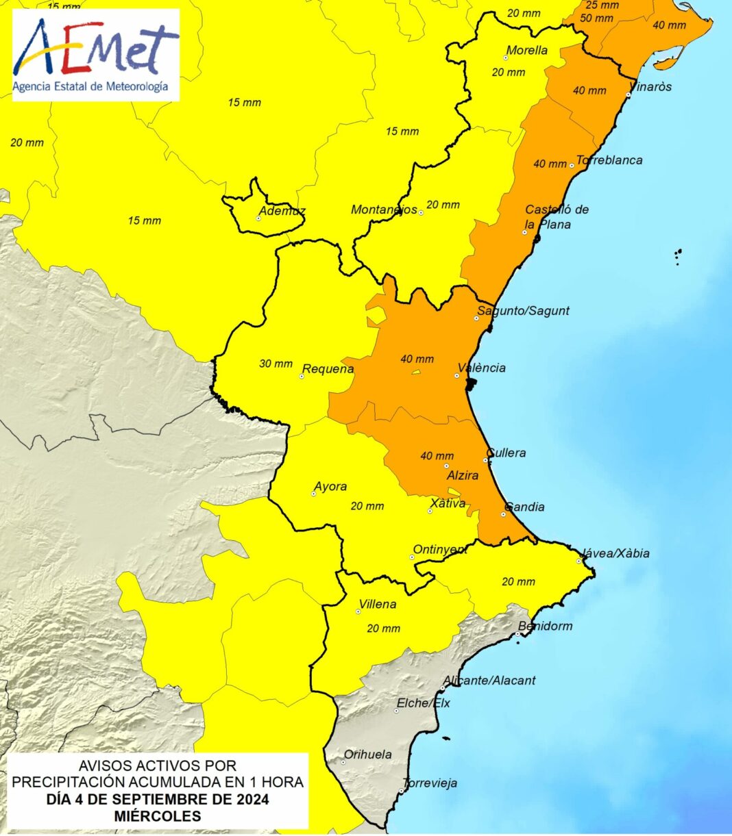 Mapa de la alerta en la Comunidad Valenciana. Foto: AEMET