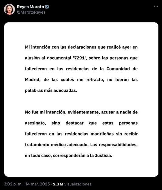 Post De Reyes Maroto En Su Perfil De X Con Una Imagen Del Comunicado En El Que Se Retracta De Sus Palabras, Después De Que Almeida Anunciara Una Ruptura De Relaciones Institucionales Con El Grupo Municipal Socialista En El Ayuntamiento De Madrid